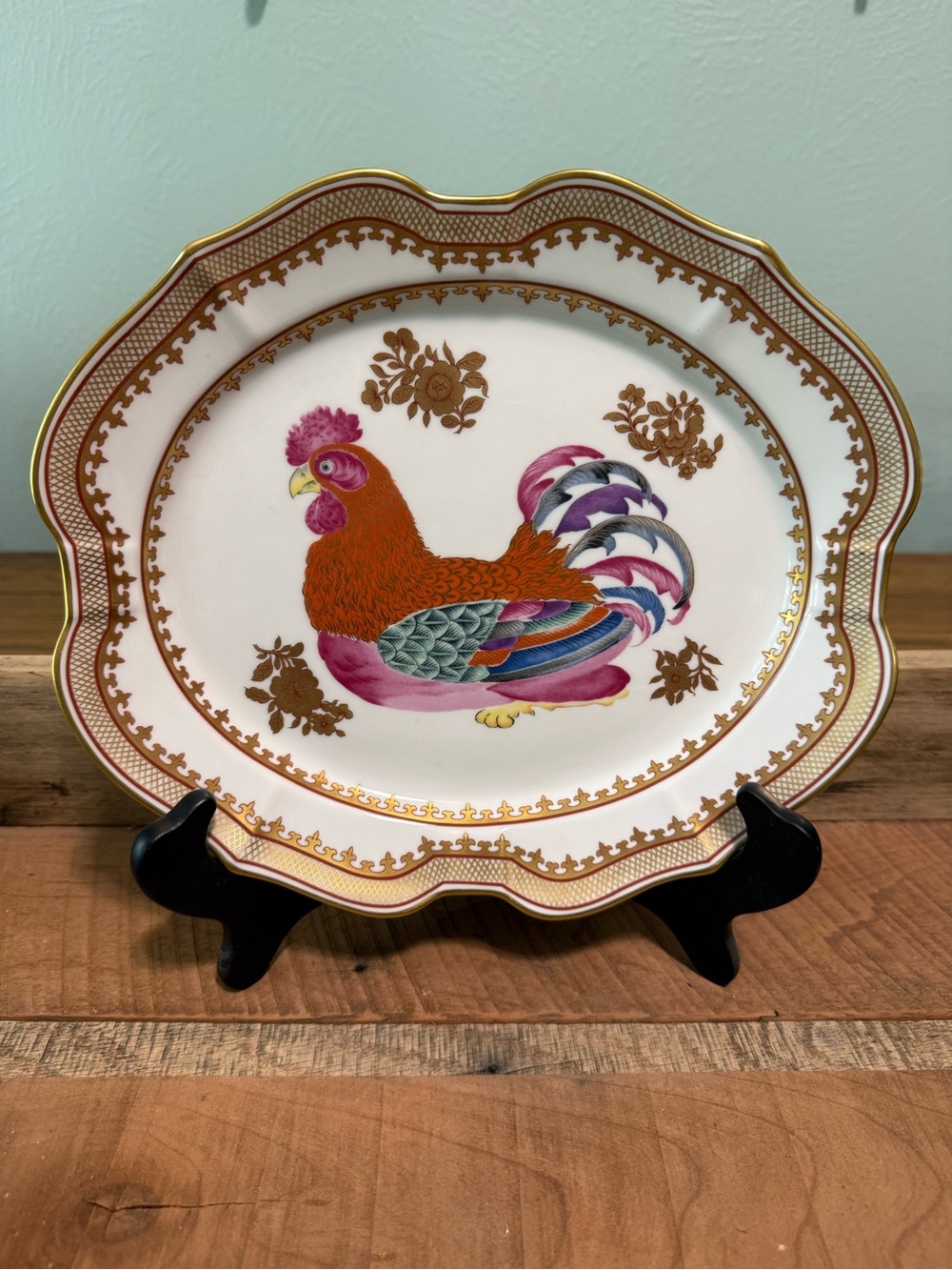 Mottahedeh Multicolor Rooster Platter with Gold Trim